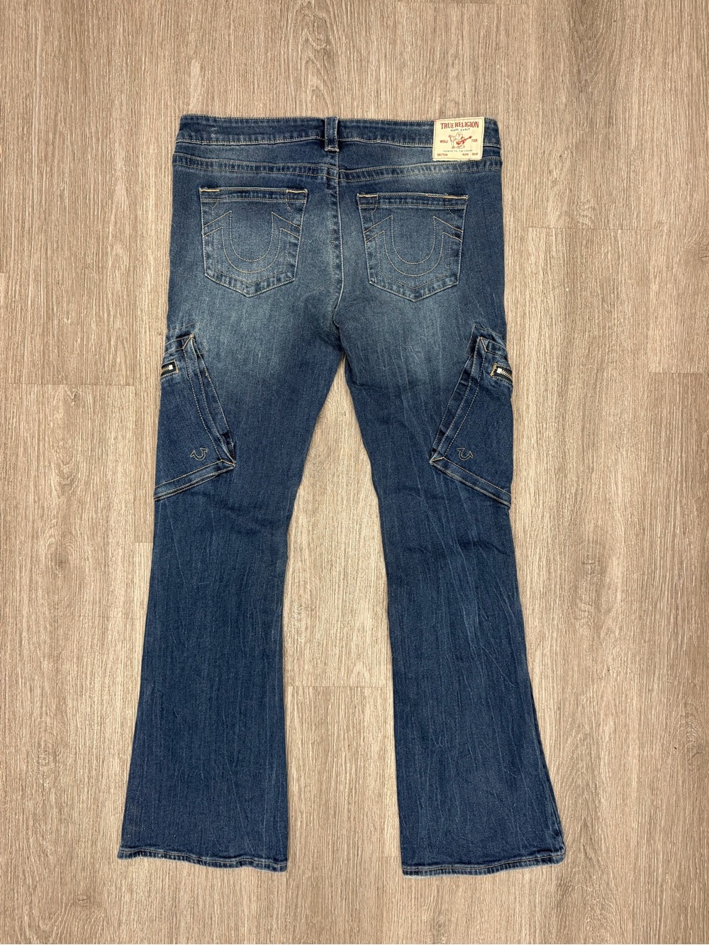 True Religion Women's Dark Blue Flare Cargo Jeans Size 31